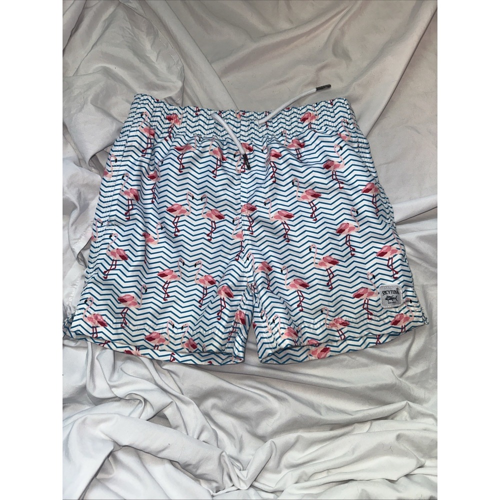 Spicy Tuna Boys 10 All Over Flamingo Swim Trunks Light‎ Blue Drawstring